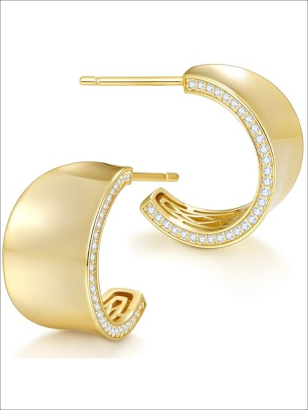 14K Gold Plated Chunky Wide Hoop Earrings with CZ Accents